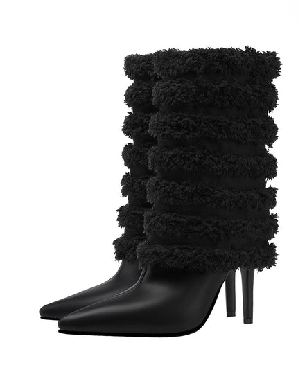 Black Leather Fur Coil Pointed Stiletto Boots-3