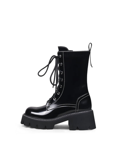 Black Leather Lace Up Combat Boots-0