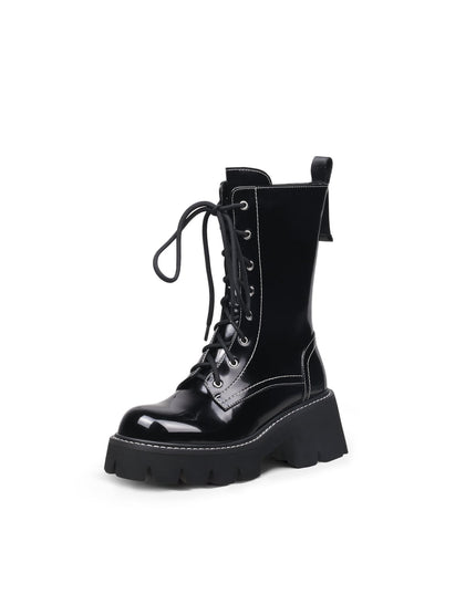Black Leather Lace Up Combat Boots-1