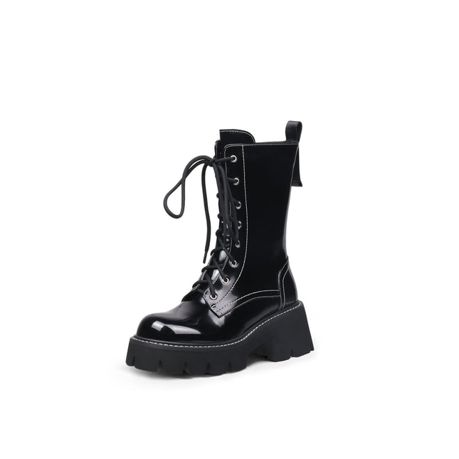 Black Leather Lace Up Combat Boots-1