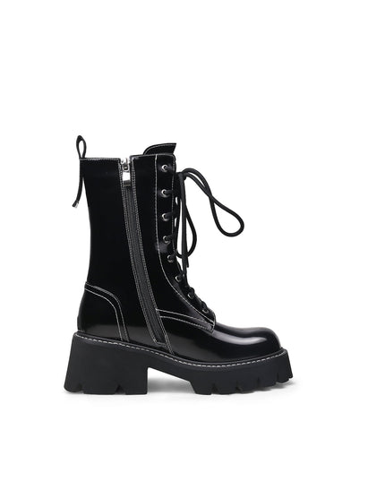 Black Leather Lace Up Combat Boots-2