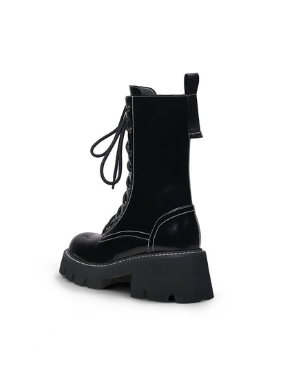 Black Leather Lace Up Combat Boots-3