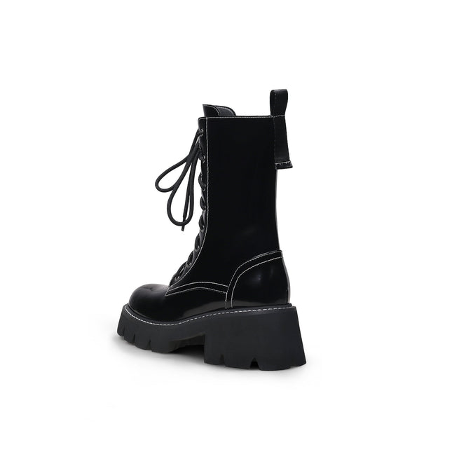 Black Leather Lace Up Combat Boots-3