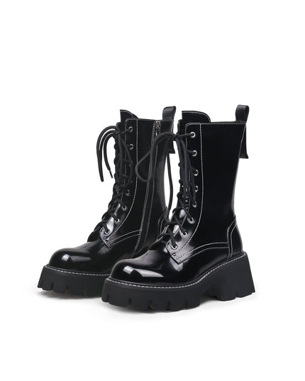 Black Leather Lace Up Combat Boots-4