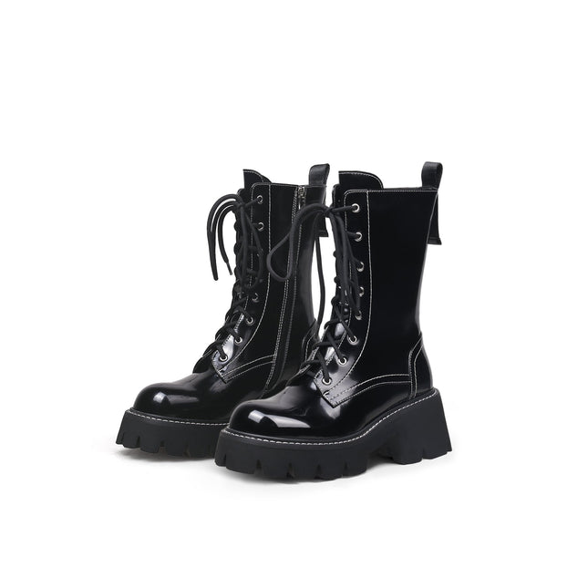 Black Leather Lace Up Combat Boots-4