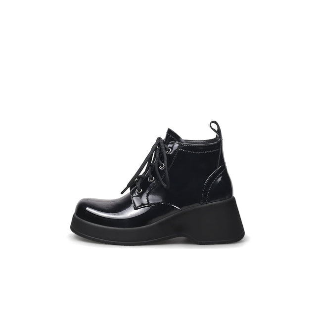 Black Leather Lace Up Low Ankle Boots-0