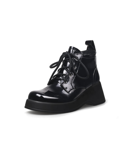 Black Leather Lace Up Low Ankle Boots-1