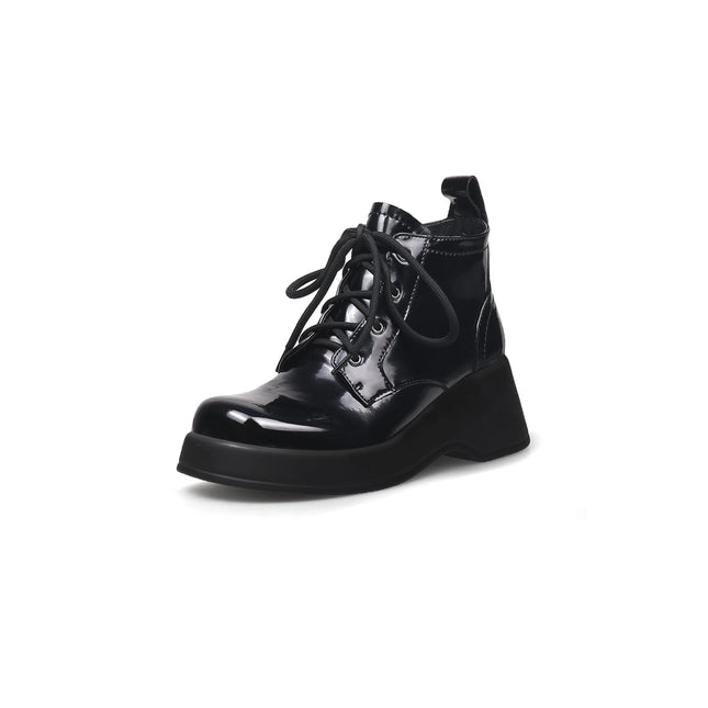 Black Leather Lace Up Low Ankle Boots-1