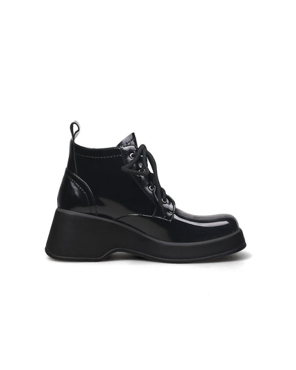 Black Leather Lace Up Low Ankle Boots-2