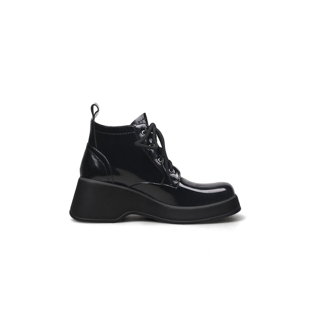 Black Leather Lace Up Low Ankle Boots-2