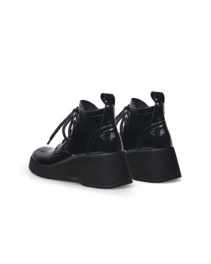 Black Leather Lace Up Low Ankle Boots-4