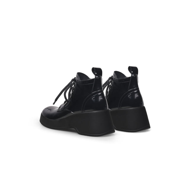 Black Leather Lace Up Low Ankle Boots-4