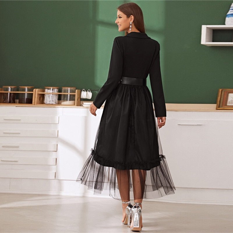 Black Notch Collar Without Belt Mesh Overlay Wrap Dress Women Autumn A Line Long Sleeve High Waist Glamorous Long Dresses-1