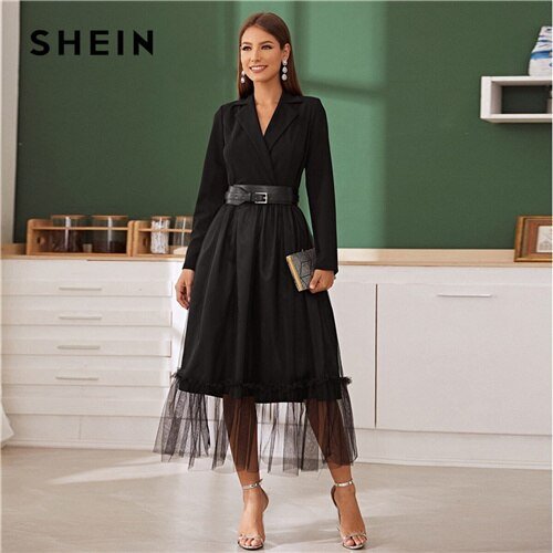 Black Notch Collar Without Belt Mesh Overlay Wrap Dress Women Autumn A Line Long Sleeve High Waist Glamorous Long Dresses-5