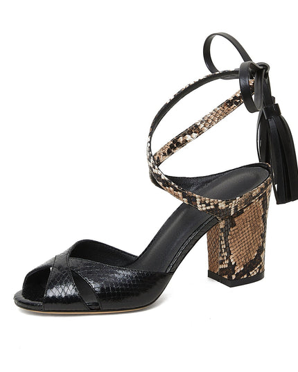 Black Python Ankle Strap Block Heel Sandals-1