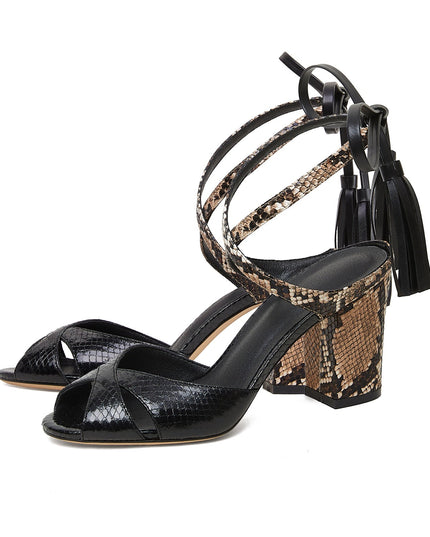 Black Python Ankle Strap Block Heel Sandals-3