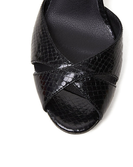 Black Python Ankle Strap Block Heel Sandals-4