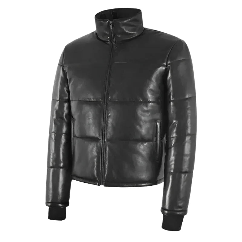 Black Real Leather Puffer Winter Jacket-2