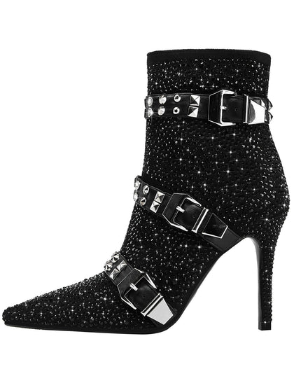 Black Rhinestone Ankle Boots with Silver Buckles-0