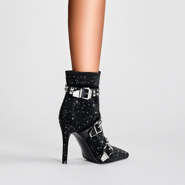 Black Rhinestone Ankle Boots with Silver Buckles-1