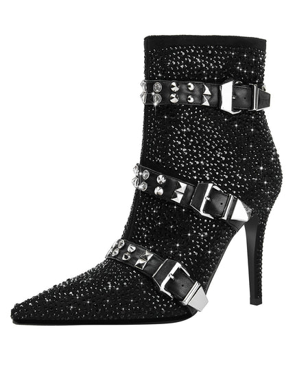 Black Rhinestone Ankle Boots with Silver Buckles-2