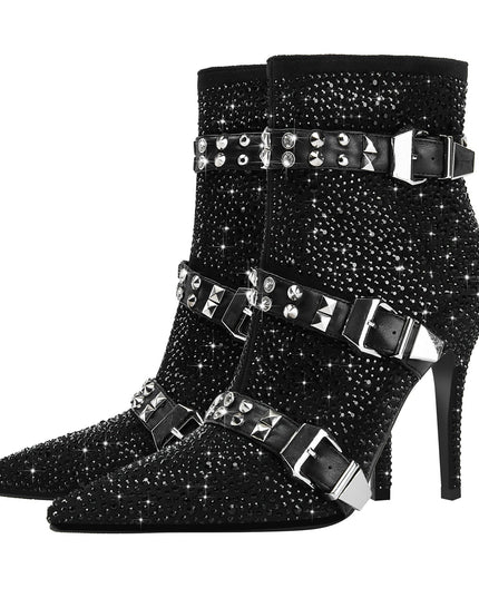 Black Rhinestone Ankle Boots with Silver Buckles-3