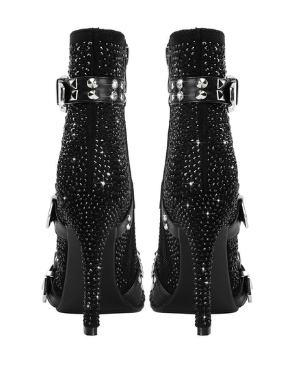 Black Rhinestone Ankle Boots with Silver Buckles-4