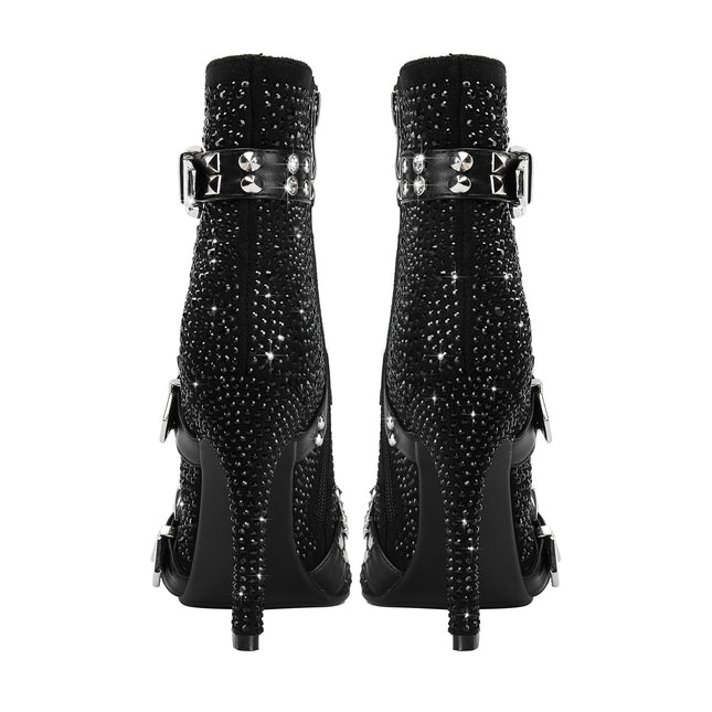 Black Rhinestone Ankle Boots with Silver Buckles-4