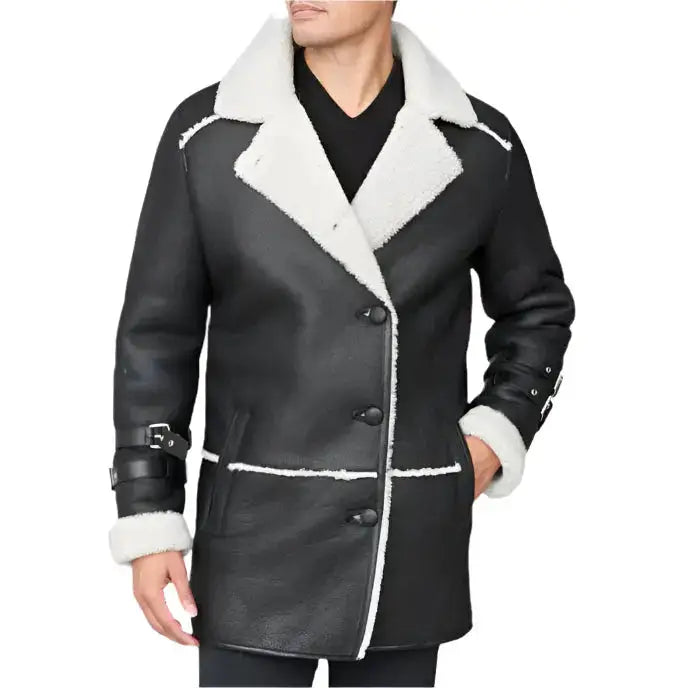 Men’s Black Shearling Sheepskin Car Coat-0