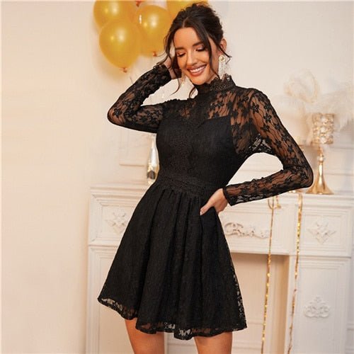 Black Stand Collar Sheer Lace Glamorous Overlay Dress Women Spring High Waist Long Sleeve Flared Ladies Party Dresses-0