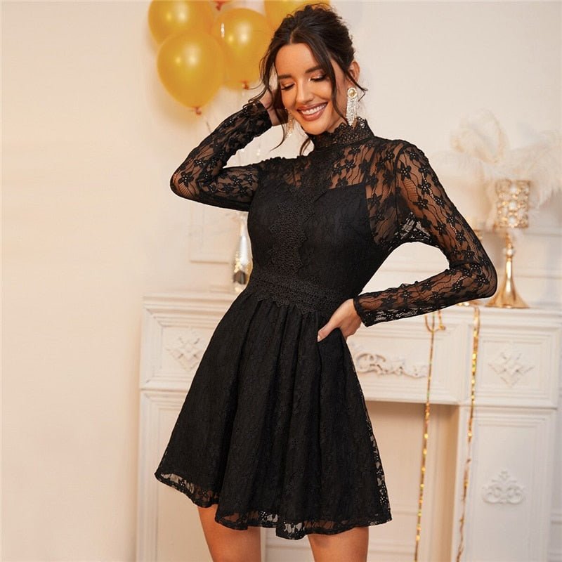 Black Stand Collar Sheer Lace Glamorous Overlay Dress Women Spring High Waist Long Sleeve Flared Ladies Party Dresses-3