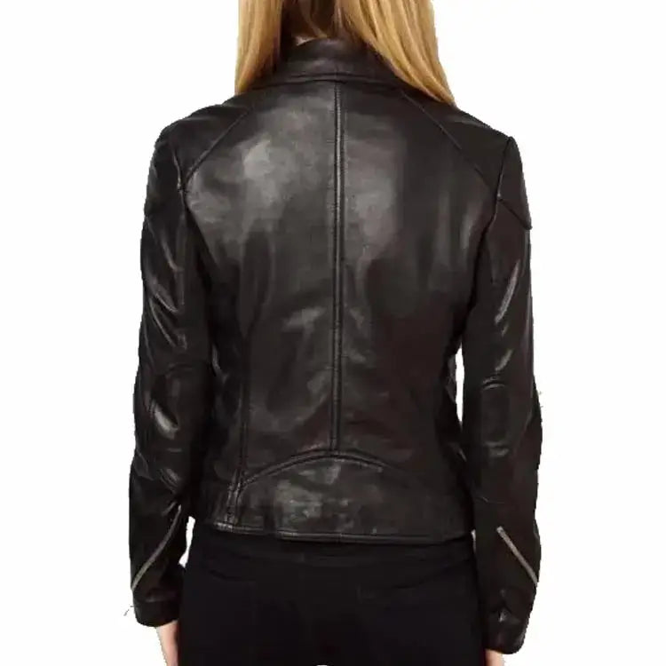 Women’s Black Sheepskin Leather Asymmetrical Jacket-1