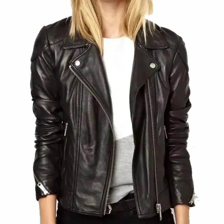 Women’s Black Sheepskin Leather Asymmetrical Jacket-0