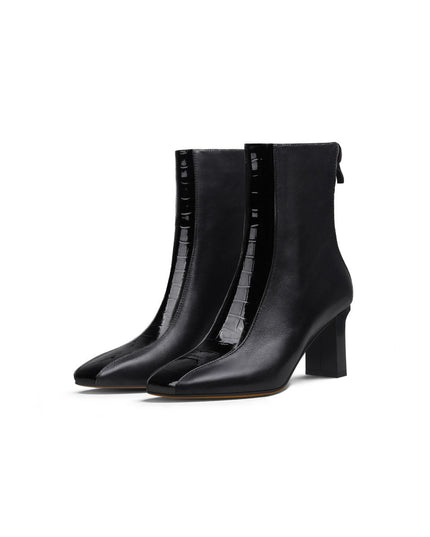 Block Heel Patchwork Leather Ankle Boots-1