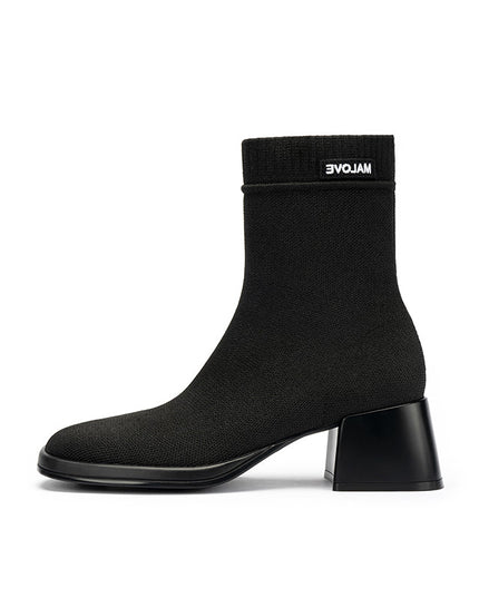 Block Heel Stretch Knit Boots-0