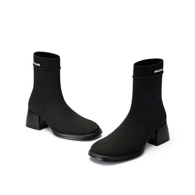 Block Heel Stretch Knit Boots-1