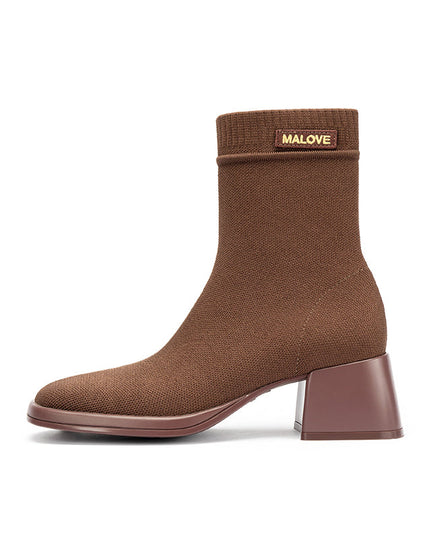 Block Heel Stretch Knit Boots-5