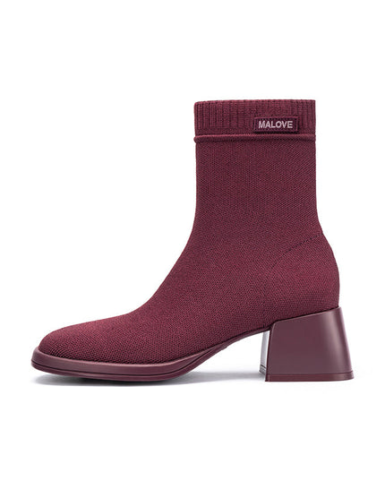 Block Heel Stretch Knit Boots-7