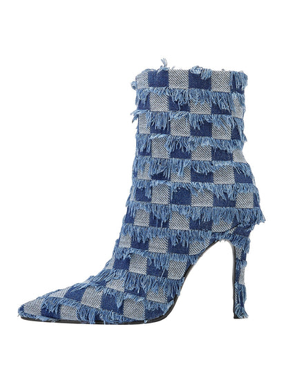 Blue Checkered Frayed Denim Ankle Boots-0