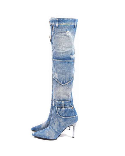 Blue Denim Boll Knee-High Boots-1
