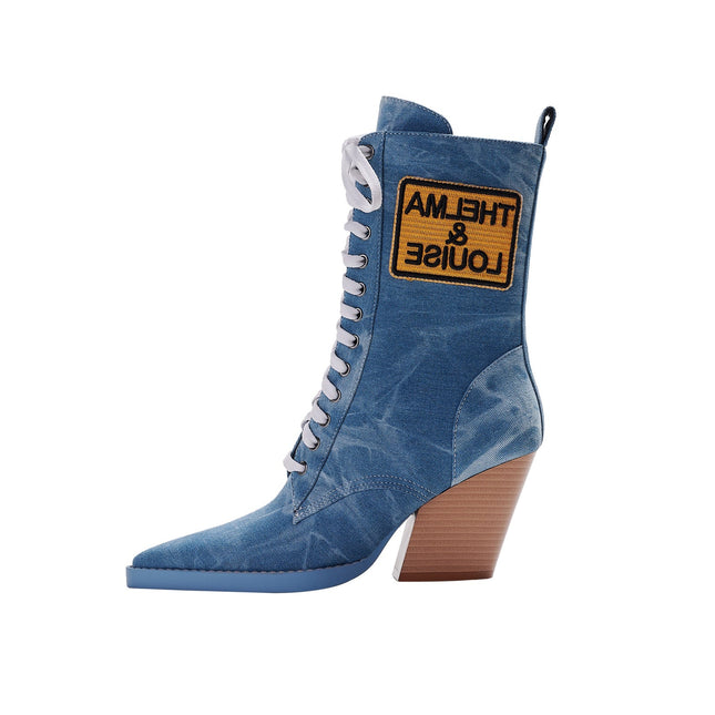 Blue Denim Lace Up Pointed Toe Boots-0