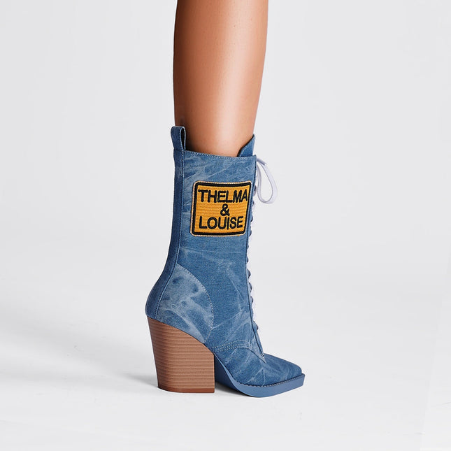 Blue Denim Lace Up Pointed Toe Boots-1