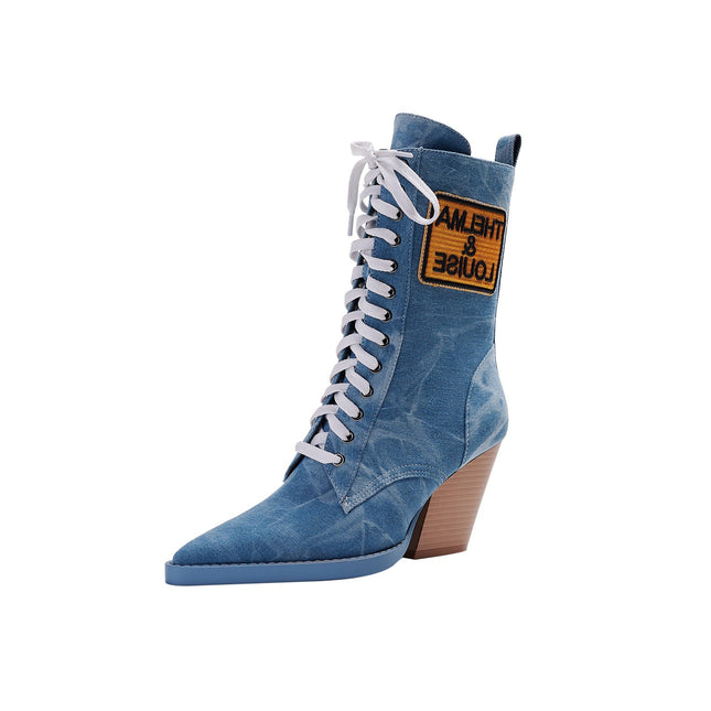 Blue Denim Lace Up Pointed Toe Boots-2