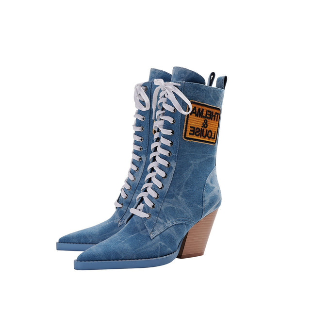 Blue Denim Lace Up Pointed Toe Boots-3