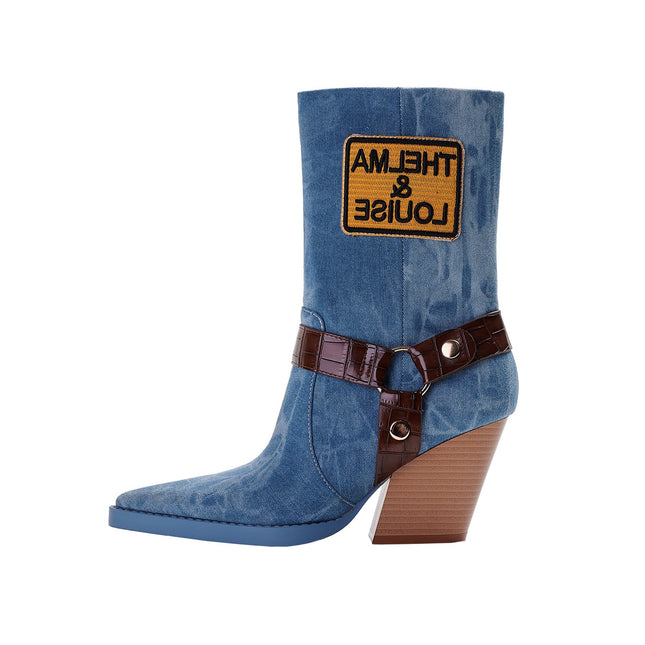 Blue Denim Mid Calf Boots-0