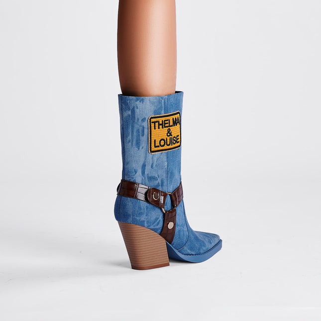 Blue Denim Mid Calf Boots-1