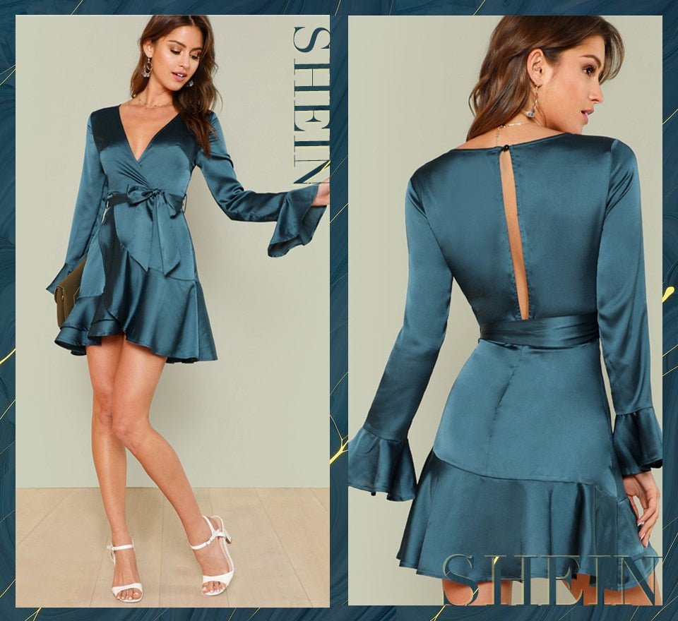 Blue Party Elegant Sexy Split Back Ruffle Trim Overlap Front Belted Deep V Neck High Waist Solid Autumn Dress For Women-4