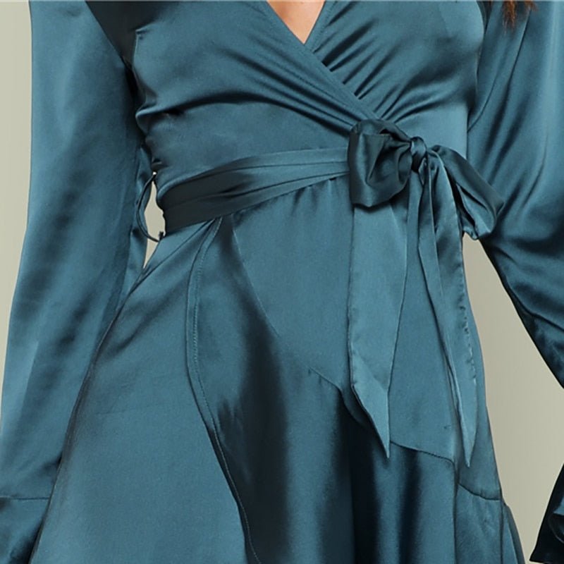Blue Party Elegant Sexy Split Back Ruffle Trim Overlap Front Belted Deep V Neck High Waist Solid Autumn Dress For Women-2