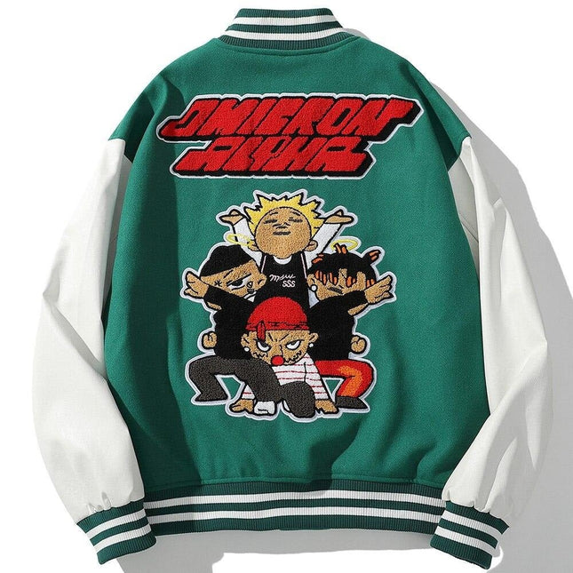 Bomber Jacket Men Cartoon Comics Boys Patch Furry Letter Baseball Coats High Street Hip Hop Japanese Varsity Streetwear-0