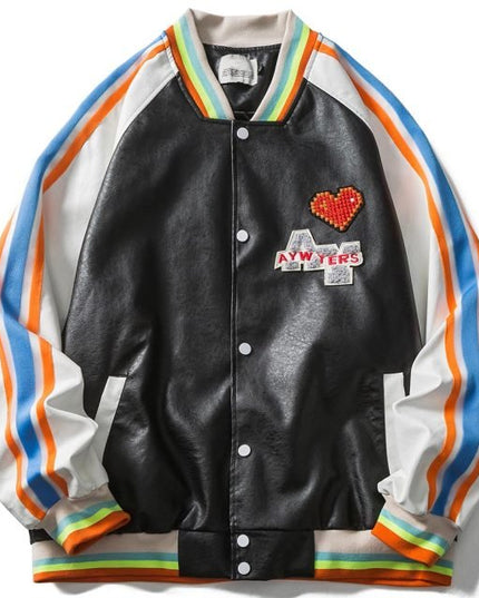 Bomber Jacket Men Colorful Striped Patchwork Heart Letter Patch Hip Hop College Style Baseball Coats Autumn Streetwear-0